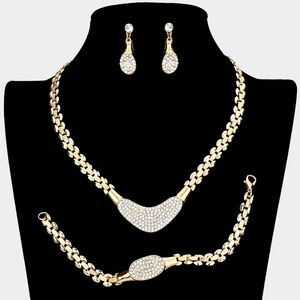 Gold 3 Piece Pave Plate Link Rhinestone Necklace Jewelry Set Fashion Statement